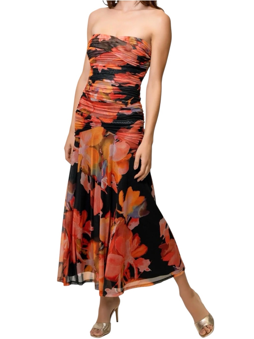 Hutch Anthropologie Bonnie Dress Strapless Ruched Orange Pink Multi NWT